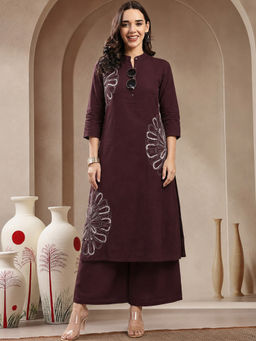 Aaghnya - Wine Embroidered Viscose Rayon Regular Kurta and Palazzo