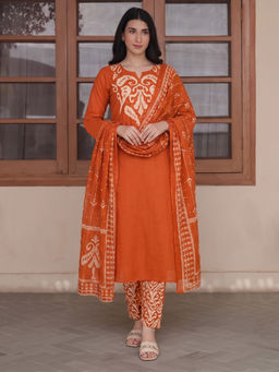 Aaghnya - Orange Printed Viscose Rayon Kurta and Pant with Dupatta