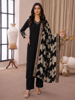 Aaghnya - Black Embroidered Viscose Rayon Kurta and Pant with Dupatta