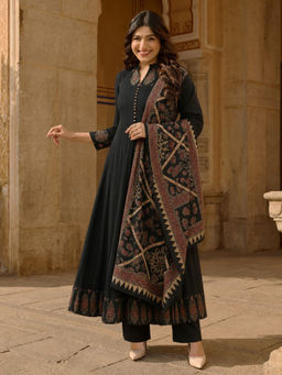 Aaghnya - Black Printed Viscose Rayon Kurta and Pant with Dupatta