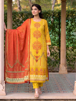 Aaghnya - Yellow Printed Viscose Rayon Kurta and Pant with Dupatta
