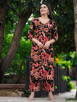 Aaghnya - Black Floral Viscose Rayon Regular Kurta and Palazzo