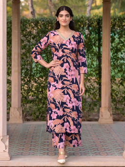 Aaghnya - Navy Blue Floral Viscose Rayon Regular Kurta and Palazzo