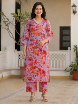 Aaghnya - Purple Floral Viscose Rayon Regular Kurta and Palazzo