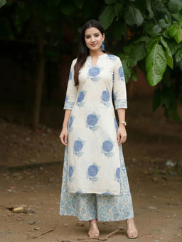 Aaghnya - White Printed Viscose Blend Regular Kurta and Palazzo