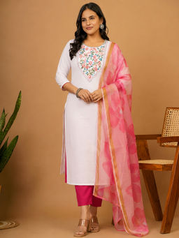 Aaghnya - White Floral Viscose Rayon Kurta and Pant with Dupatta