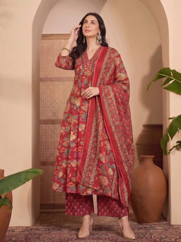 Aaghnya - Red Floral Viscose Rayon Kurta and Palazzo and Dupatta