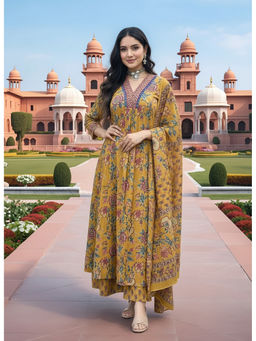 Aaghnya - Yellow Floral Viscose Rayon Kurta and Palazzo and Dupatta