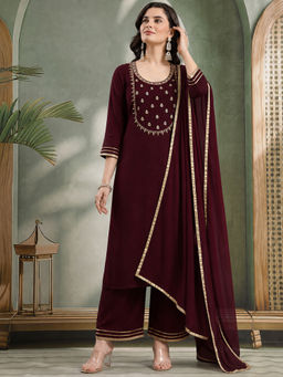 Aaghnya - Maroon Embroidered Viscose Rayon Kurta and Palazzo and Dupatta