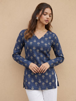 Aaghnya - Blue Floral Viscose Blend Regular Kurta