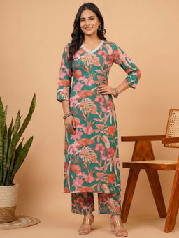 Aaghnya - Green Floral Viscose Rayon Regular Kurta and Palazzo