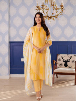 Aaghnya - Yellow Stripes Viscose Rayon Kurta and Pant with Dupatta