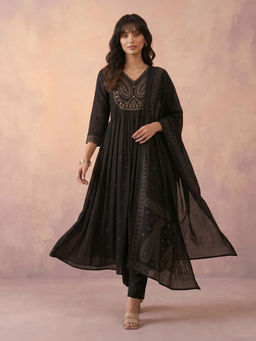 Aaghnya - Black Embroidered Viscose Blend Kurta and Pant with Dupatta