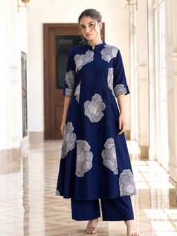 Aaghnya - Blue Floral Viscose Blend Regular Kurta and Palazzo