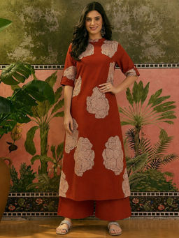 Aaghnya - Rust Floral Viscose Blend Regular Kurta and Palazzo