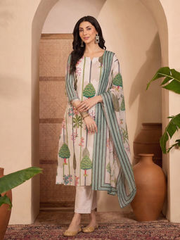 Aaghnya - Green Floral Viscose Rayon Kurta and Pant with Dupatta