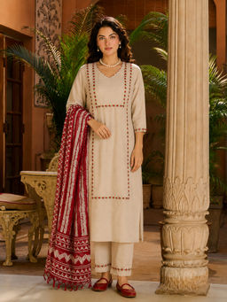 Aaghnya - Beige Embroidered Viscose Rayon Kurta and Pant with Dupatta