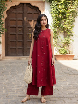Aaghnya - Red Printed Viscose Rayon Regular Kurta and Palazzo