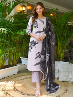 Aaghnya - Cream Floral Viscose Rayon Kurta and Pant with Dupatta