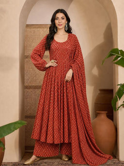 Aaghnya - Red Printed Viscose Rayon Kurta and Palazzo and Dupatta