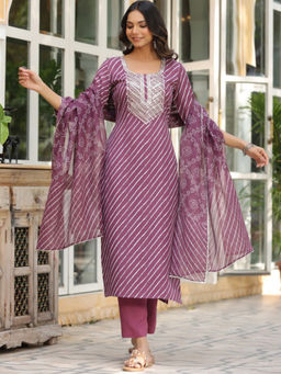 Aaghnya - Wine Stripes Viscose Rayon Kurta and Pant with Dupatta