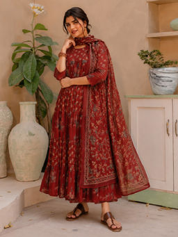 Aaghnya - Red Floral Viscose Rayon Kurta and Pant with Dupatta