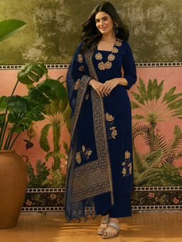 Aaghnya - Blue Embroidered Viscose Rayon Kurta and Palazzo and Dupatta