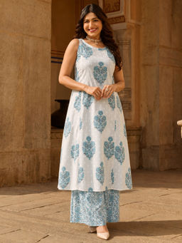Aaghnya - White Floral Viscose Blend Regular Kurta and Palazzo
