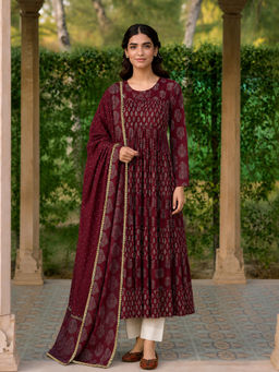 Aaghnya - Wine Printed Viscose Rayon Kurta and Pant with Dupatta