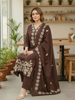 Aaghnya - Brown Embroidered Viscose Rayon Kurta and Pant with Dupatta