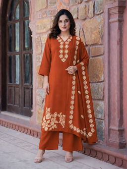Aaghnya - Rust Floral Viscose Rayon Kurta and Palazzo and Dupatta
