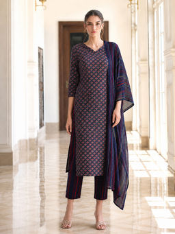 Aaghnya - Blue Printed Viscose Rayon Kurta and Pant with Dupatta