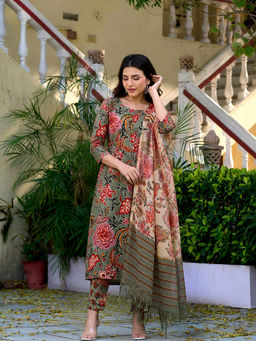 Aaghnya - Green Floral Viscose Rayon Kurta and Pant with Dupatta