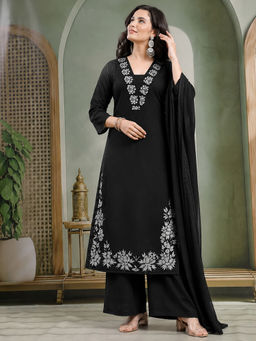 Aaghnya - Black Floral Viscose Rayon Kurta and Palazzo and Dupatta