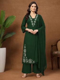 Aaghnya - Green Floral Viscose Rayon Kurta and Palazzo and Dupatta