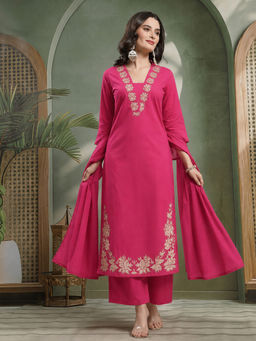 Aaghnya - Pink Floral Viscose Rayon Kurta and Palazzo and Dupatta