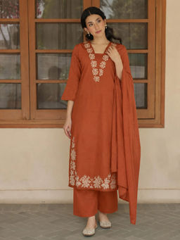 Aaghnya - Rust Floral Viscose Rayon Kurta and Palazzo and Dupatta