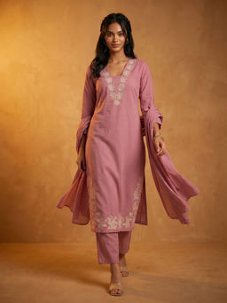 Aaghnya - Pink Floral Viscose Rayon Kurta and Palazzo and Dupatta