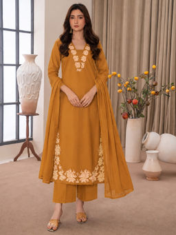 Aaghnya - Mustard Floral Viscose Rayon Kurta and Palazzo and Dupatta