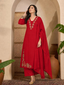 Aaghnya - Red Floral Viscose Rayon Kurta and Palazzo and Dupatta