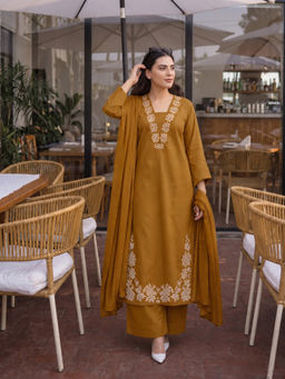 Aaghnya - Mustard Floral Viscose Rayon Kurta and Palazzo and Dupatta