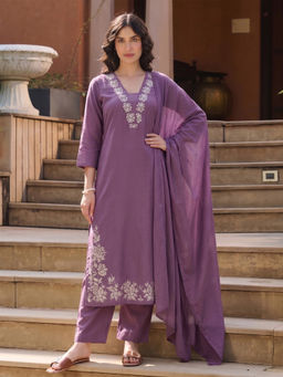 Aaghnya - Purple Floral Viscose Rayon Kurta and Palazzo and Dupatta