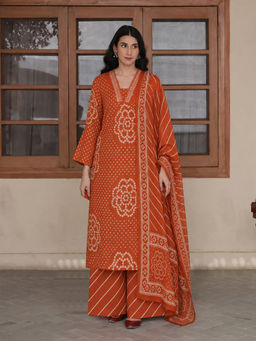 Aaghnya - Orange Printed Viscose Blend Kurta and Palazzo and Dupatta