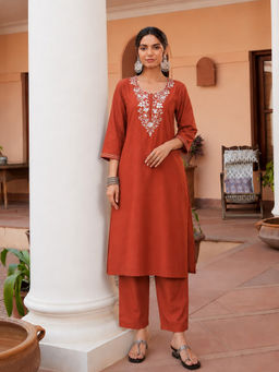 Aaghnya - Rust Embroidered Viscose Rayon Regular Kurta and Pant