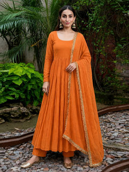 Aaghnya - Orange Solid Viscose Rayon Kurta and Pant with Dupatta