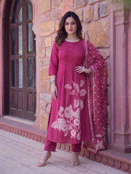 Aaghnya - Pink Floral Viscose Rayon Kurta and Pant with Dupatta