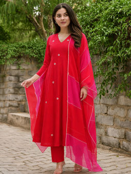 Aaghnya - Red Embroidered Viscose Rayon Kurta and Pant with Dupatta