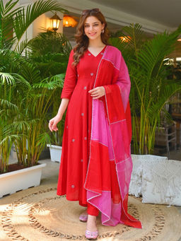 Aaghnya - Red Embroidered Viscose Rayon Kurta and Pant with Dupatta