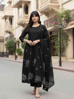 Aaghnya - Black Floral Viscose Rayon Kurta and Pant with Dupatta