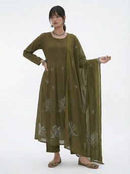 Aaghnya - Green Floral Viscose Rayon Kurta and Pant with Dupatta
